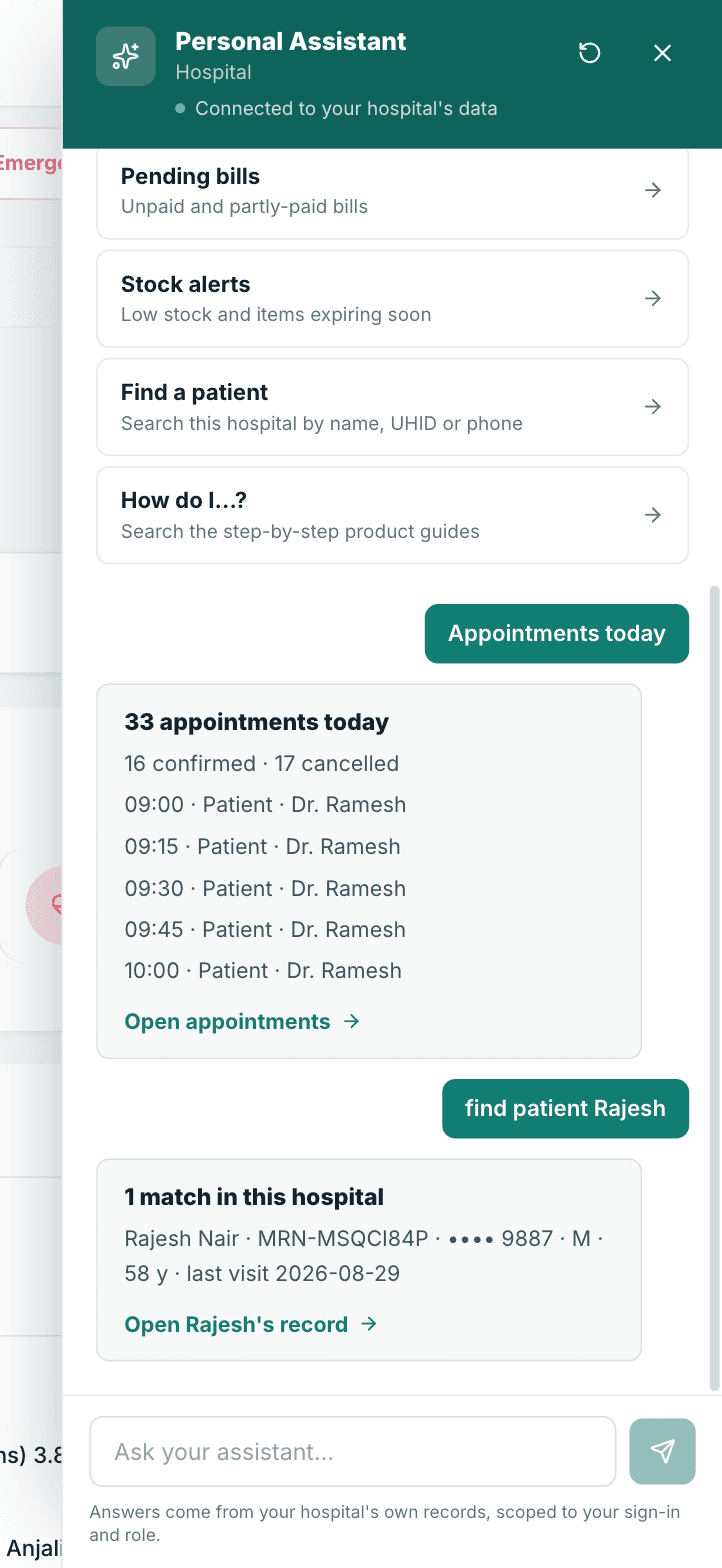 The Personal Assistant answering: today's appointments with a link to open them, and a patient found with a link straight into his record.