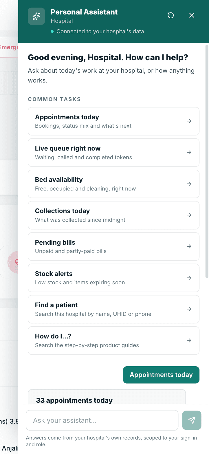 The admin's task list: one tap on any card answers from live hospital data.