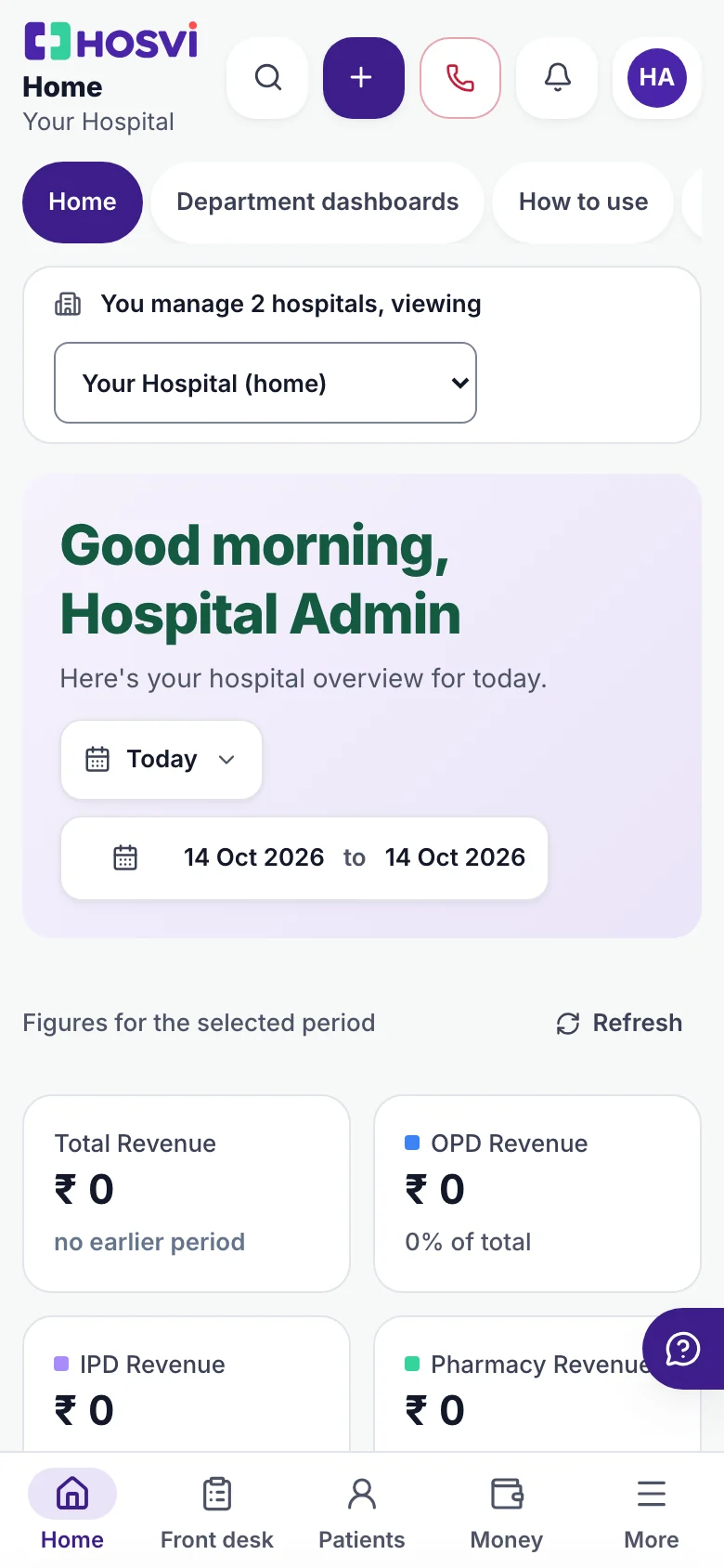 Hosvi hospital dashboard on a phone: hospital selection and revenue overview
