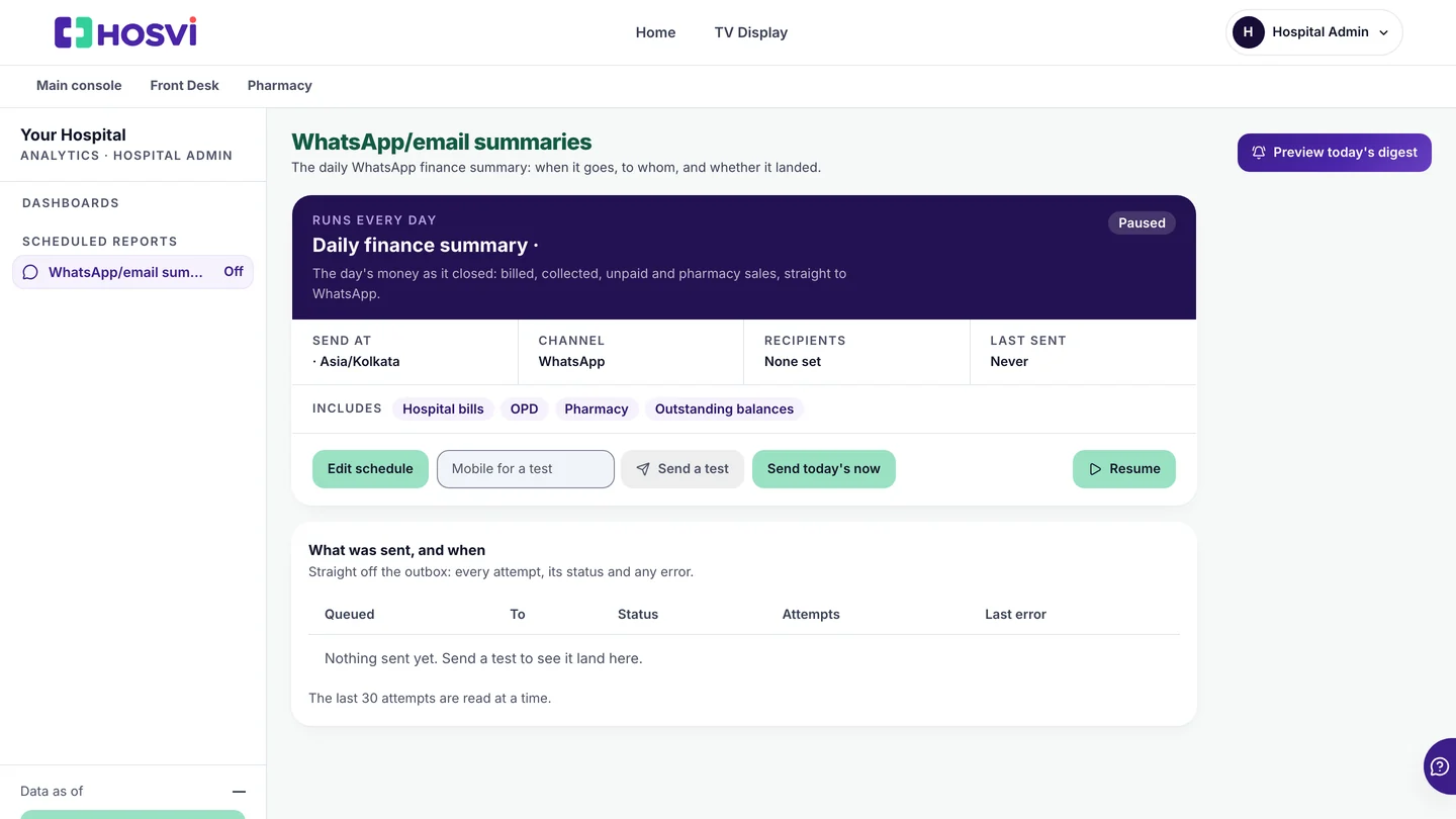 The daily finance summary: send time, channel, recipients and what it includes