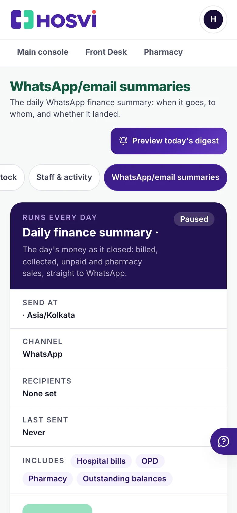The daily finance summary: send time, channel, recipients and what it includes
