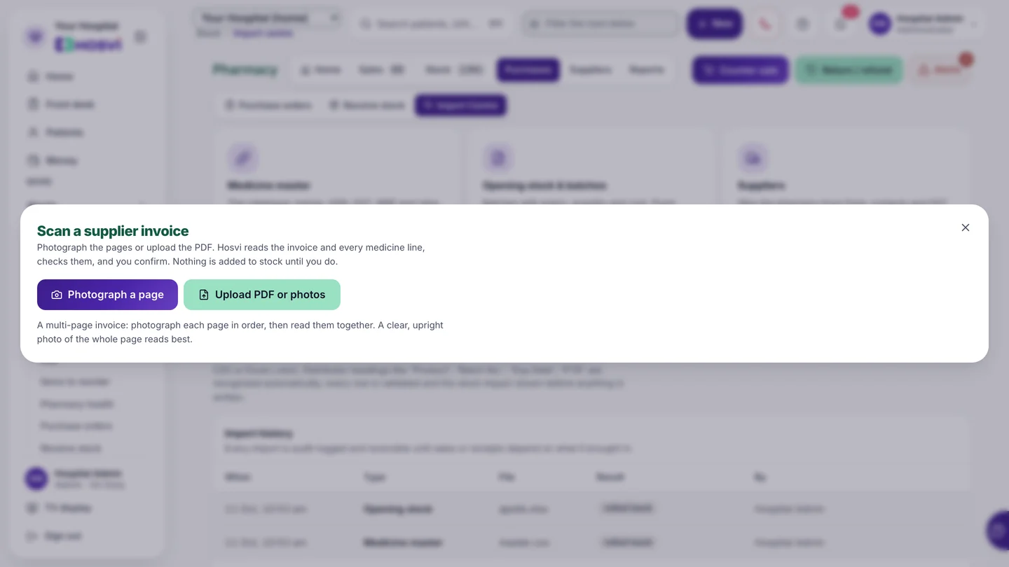 Scan a supplier invoice: photograph a page with the phone camera or upload the PDF