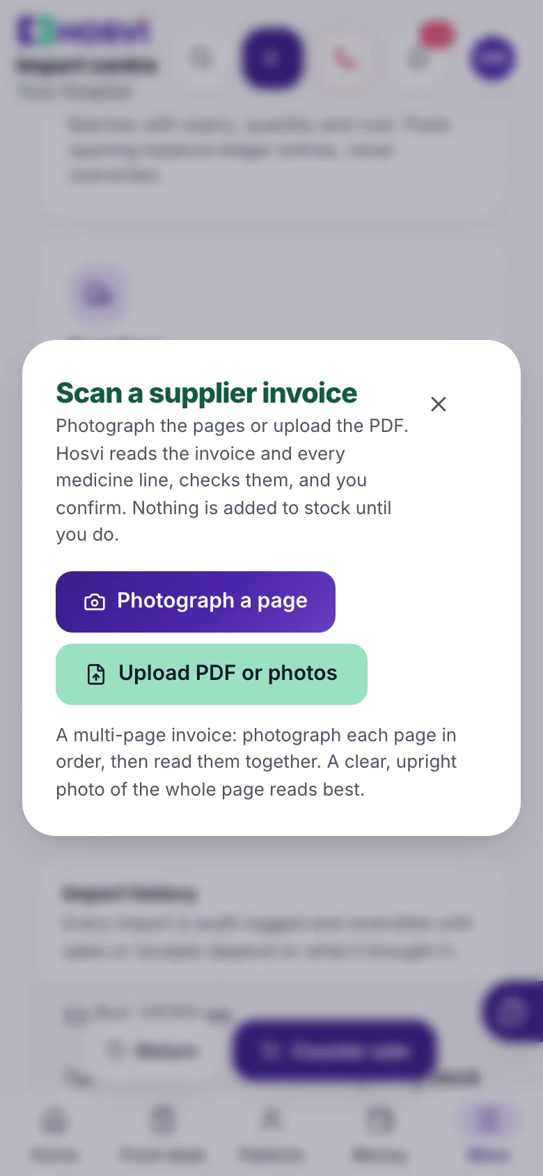 Scan a supplier invoice: photograph a page with the phone camera or upload the PDF
