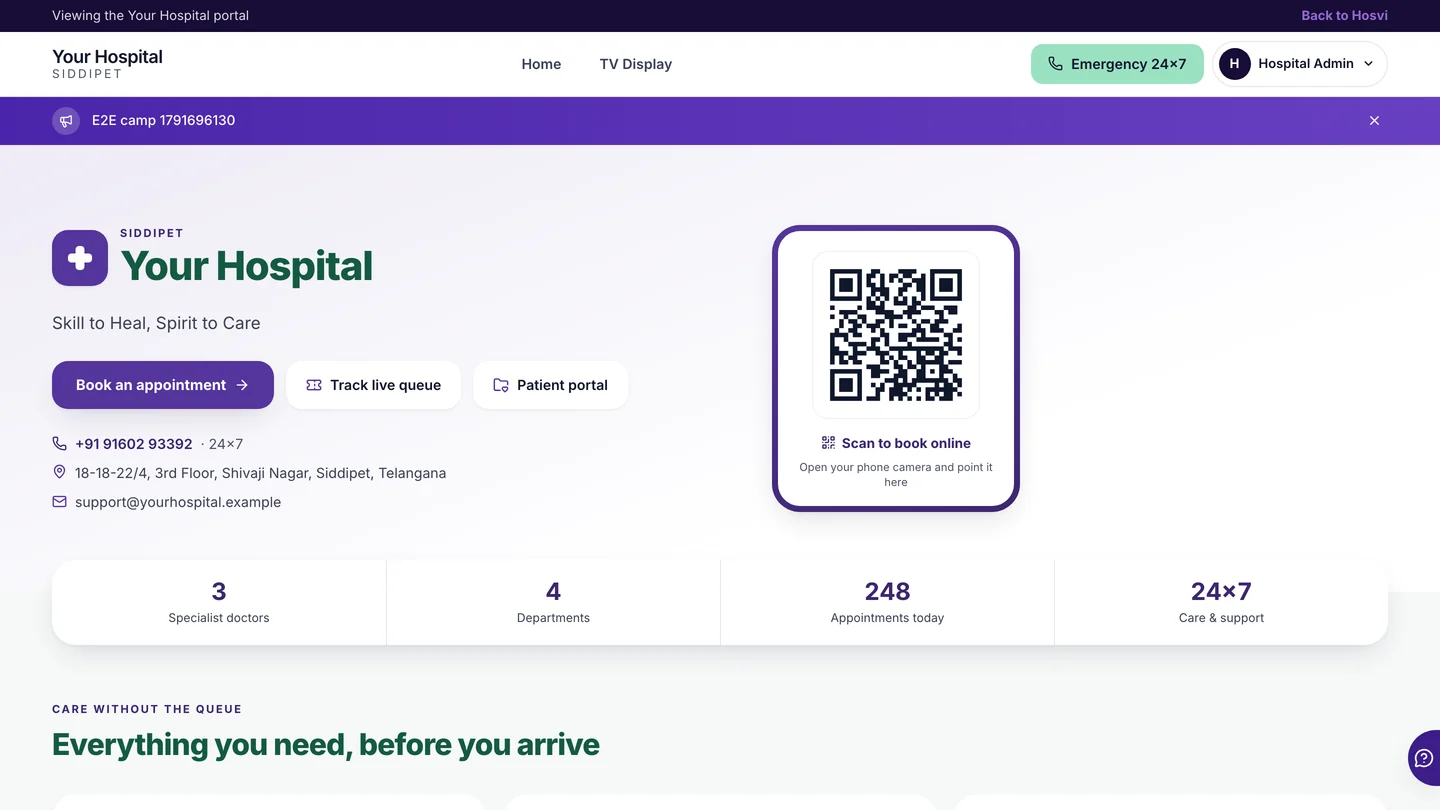 A hospital's own website: its name, contact details, booking, the live queue and the patient portal