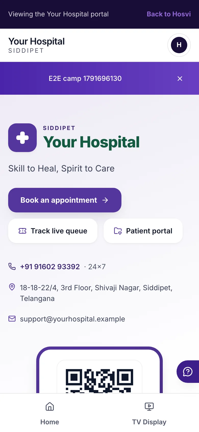A hospital's own website: its name, contact details, booking, the live queue and the patient portal