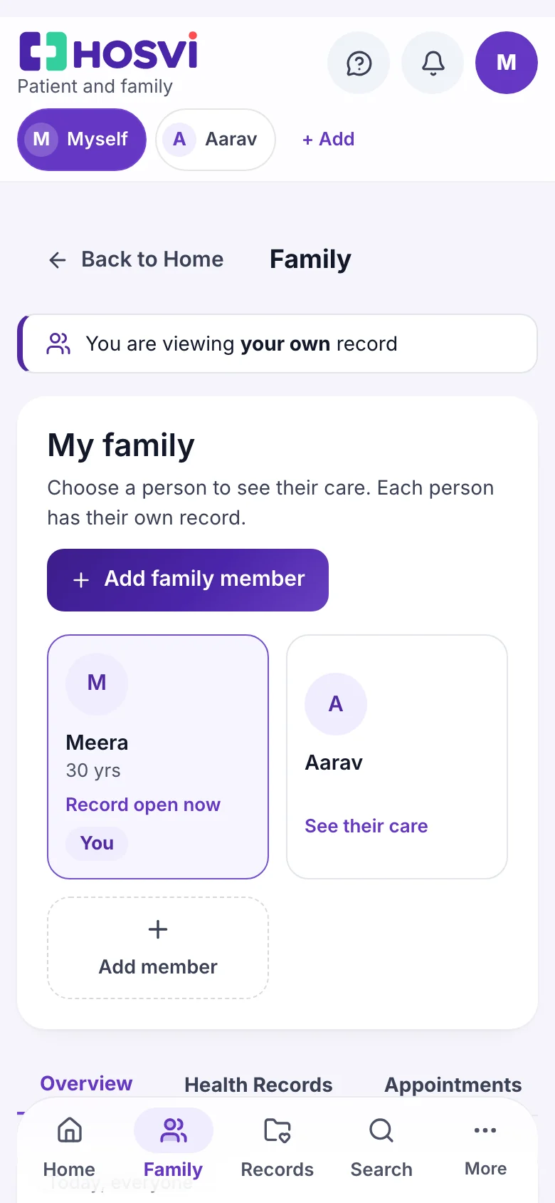 My family: One card per person, each with a separate record