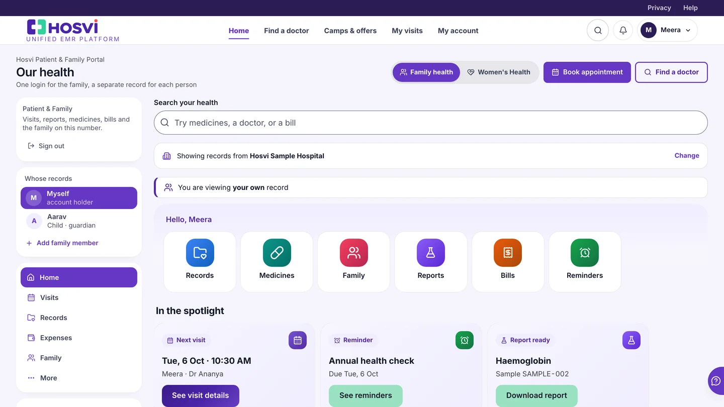 The patient and family portal home: search, spending this year, visits, reminders and insurance