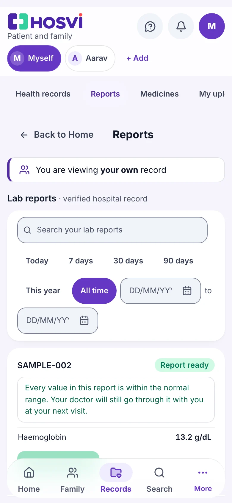 A lab report on a phone, with values outside the normal range explained in plain words